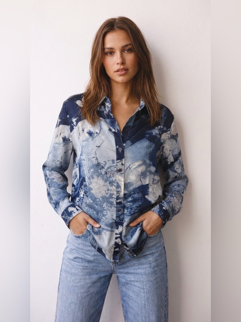 Chico's Navy and Cream Floral Print Button-Front Shirt